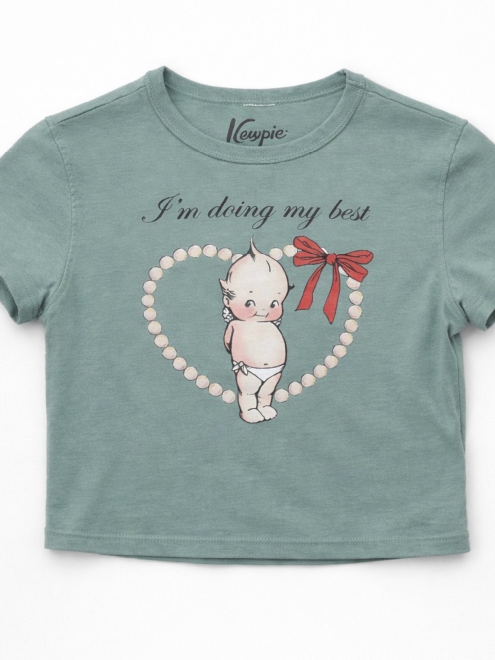 Kewpie Baby Tee Crop Top Coquette Y2K Pearl Heart Bow Graphic S